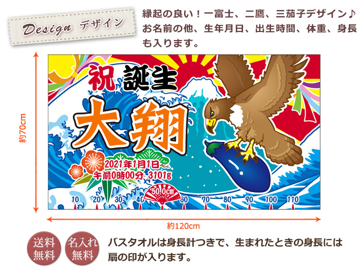 和風 一富士・二鷹・三茄子 今治製名入れバスタオル 出産祝いの