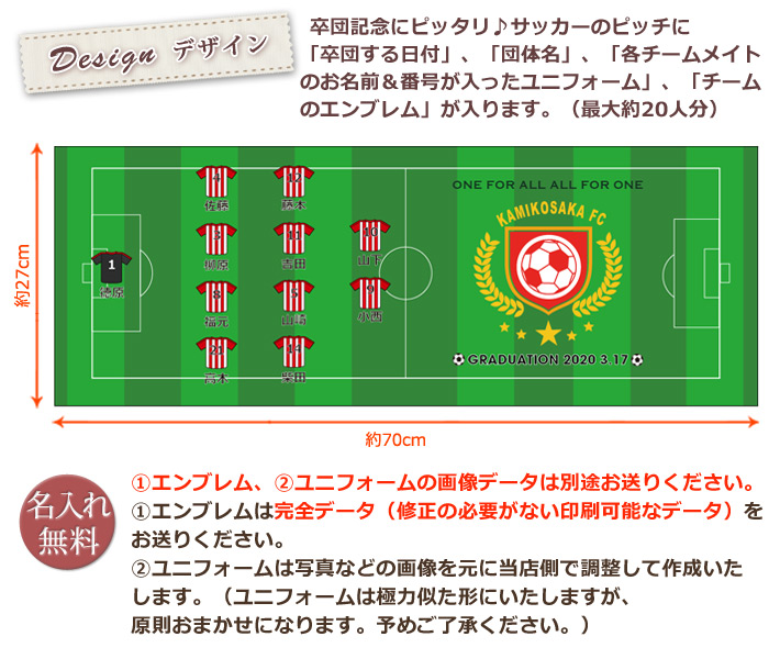 サッカー卒団記念 お名前 背番号 ユニフォーム エンブレムが入る今治製プチフェイスタオル 名入れギフト ココロコ