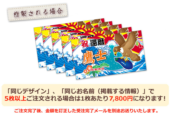 同じデザイン、同じ名入れ情報で5枚以上複製される場合は1枚あたり6800円になります。