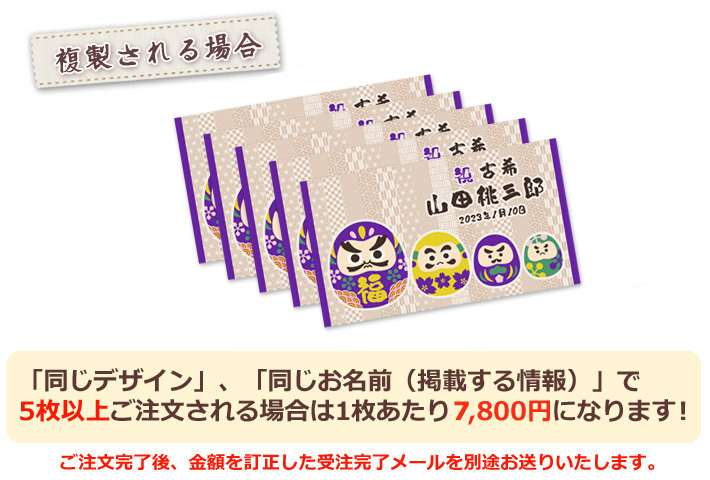 同じデザイン、同じ名入れ情報で5枚以上複製される場合は1枚あたり6800円になります。