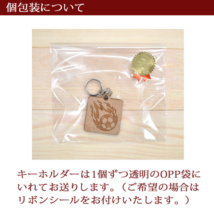 卒団、卒業記念 炎のスポーツデザインの名入れ木製プレート型キーホルダーの個包装について
