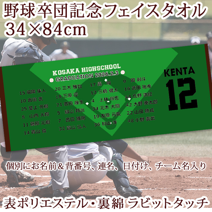野球卒団記念【10枚以上購入で1枚2,480円】お名前、背番号、日付入りグラウンドデザインの昇華転写タオル・部活タオル